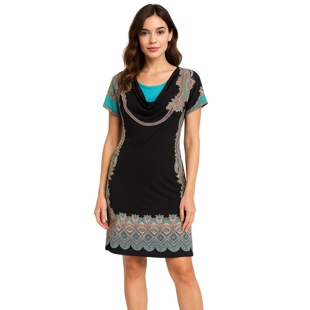 OneWorld “Live & Let Live” Cowl-Neck Border-Print Dress, Black/Teal, Size M